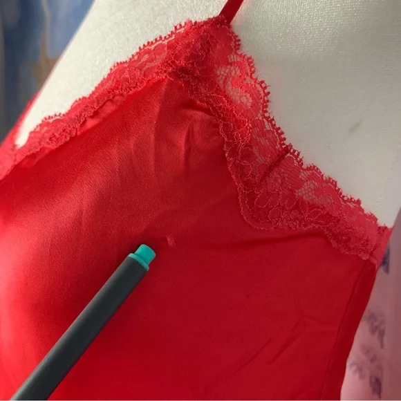 Victoria’s Secret Red Satin Lace Accent Split Babydoll Slip Dress Nightgown - Picture 4 of 14